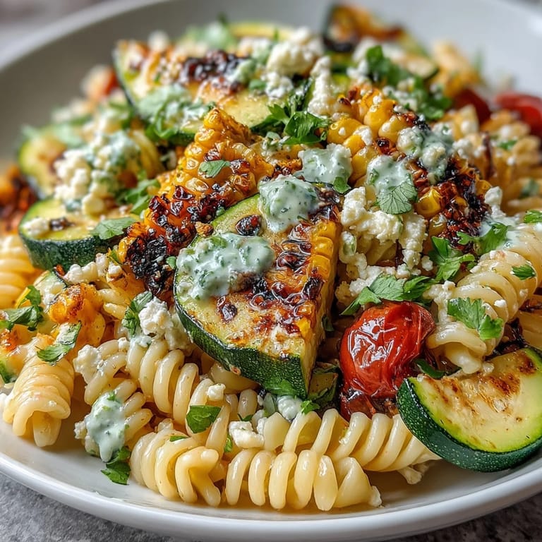 Colorful pasta salad with grilled zucchini, sweet corn, and salty Cotija cheese.