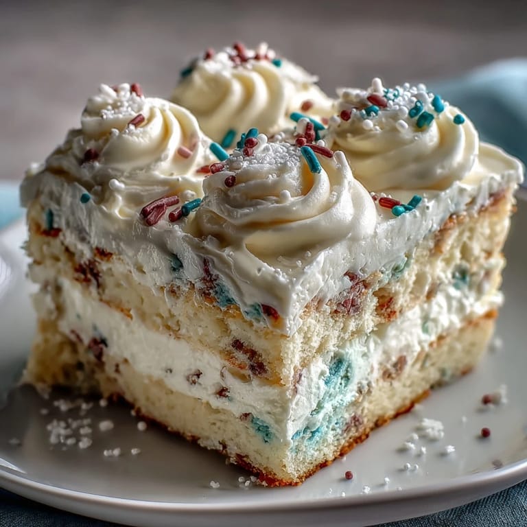 Vibrant Funfetti Dip Cake bursting with rainbow sprinkles for joyful celebrations.