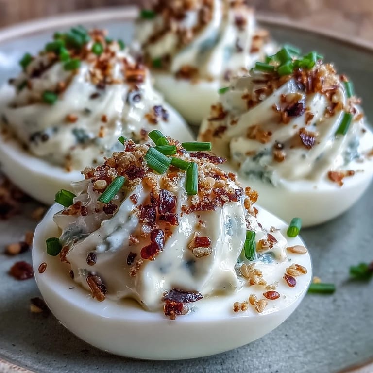 Savory everything bagel deviled eggs presented invitingly on a white serving platter.
