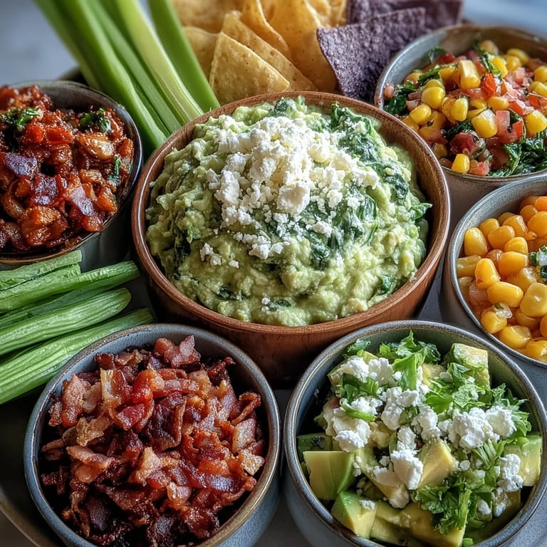 Freshly made Guacamole Bar with colorful toppings and crunchy tortilla chips ready.