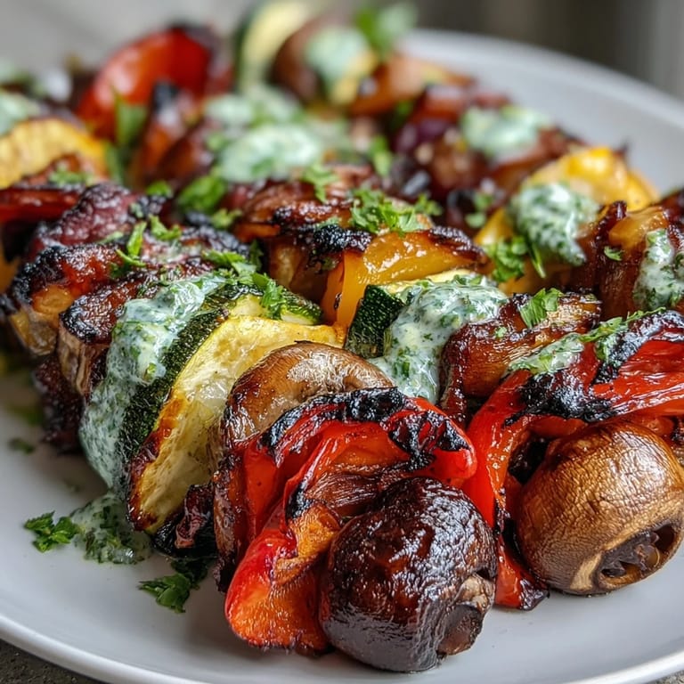 Smoky, tender grilled veggie kabobs generously drizzled with herb-packed chimichurri.