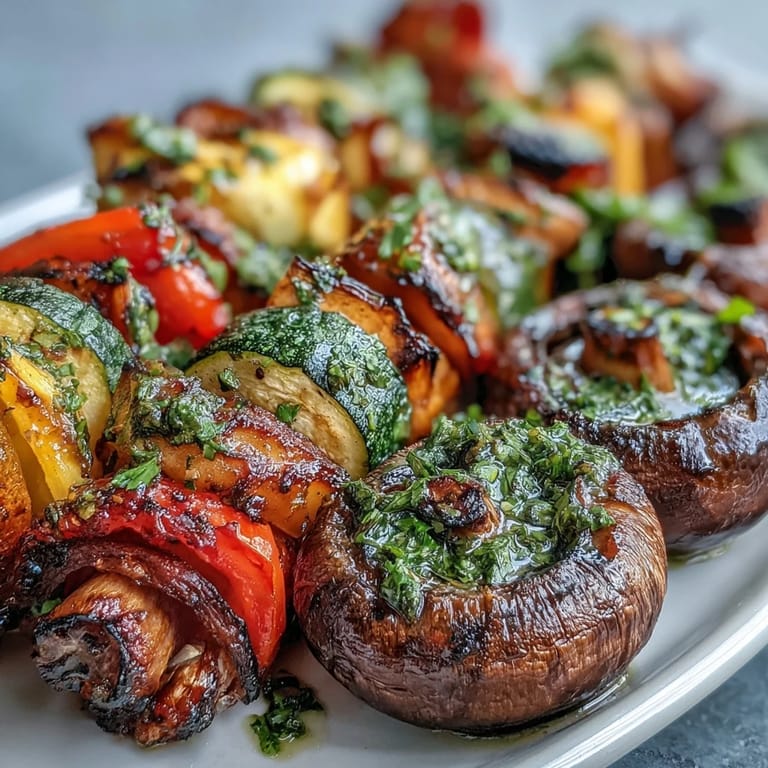 Bright, flavorful grilled veggie kabobs ready for a zesty chimichurri topping.