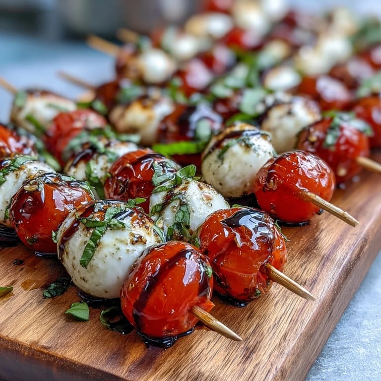 Easy Caprese skewers appetizer, a perfect, colorful picnic addition with rich drizzle.