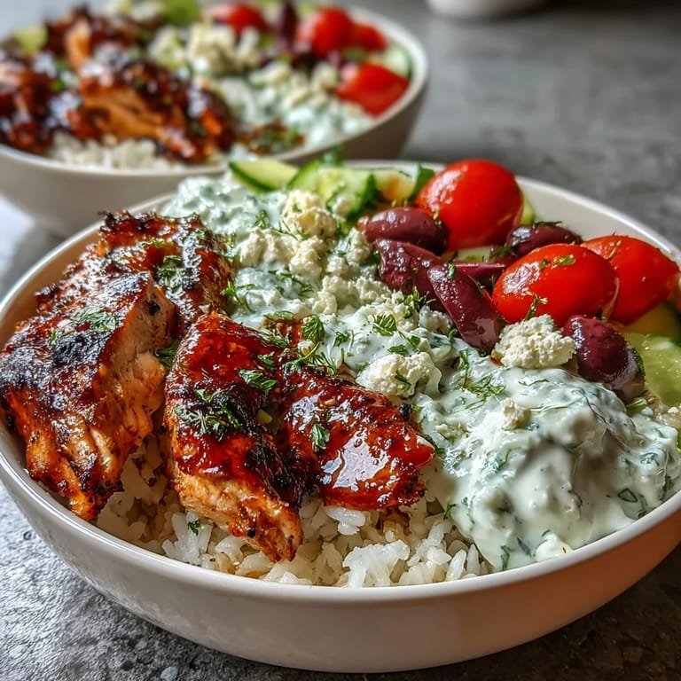 Flavorful Greek chicken bowls, a satisfying meal with creamy tzatziki and hummus.