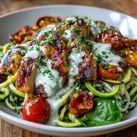 Fresh spiralized zucchini and sweet potato noodles topped with grilled chicken in a creamy lemon tahini sauce.