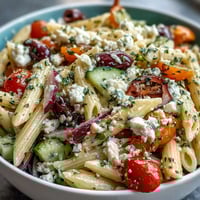 A colorful Greek pasta salad with olives and feta, tossed with crisp vegetables and a tangy Mediterranean dressing.