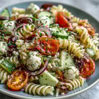 Vibrant summer pasta salad with Italian dressing, colorful vegetables, and mozzarella—ideal for picnics and light lunches.