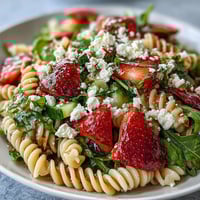 Fresh spring pasta salad with strawberries, feta, and arugula, bursting with sweet berries and tangy cheese in a vibrant green bowl.