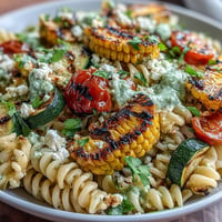 Vibrant pasta salad with smoky grilled zucchini, corn, and crumbled Cotija cheese.