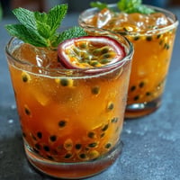 Vivid Tropical Sunrise Mocktail with passionfruit and orange, layered beautifully.